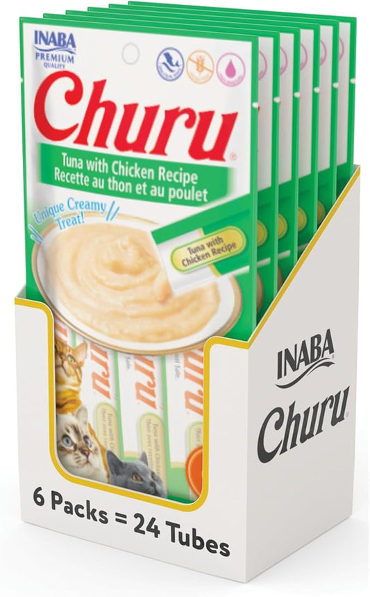 INABA Churu Cat Treats, Grain-Free, Lickable, Squeezable Creamy Purée Cat Treat/Topper with Vitamin E & Taurine, 0.5 Ounces Each Tube, 24 Tubes (4 per Pack), Tuna with Chicken Recipe