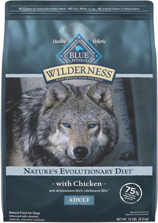 Blue Buffalo Wilderness Natural High-Protein Dry Food for Adult Dogs, Chicken Recipe, 13-lb. Bag