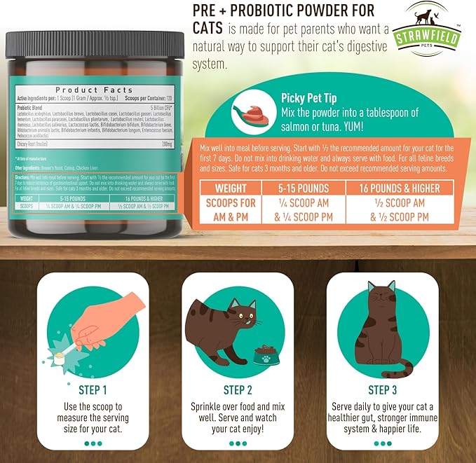 Strawfield Pets' Pre + Probiotic Powder for Cats with Catnip Probiotic for Cats Diarrhea Relief Supplement Natural Chicken Liver Flavor 120 grams / 120 Scoops