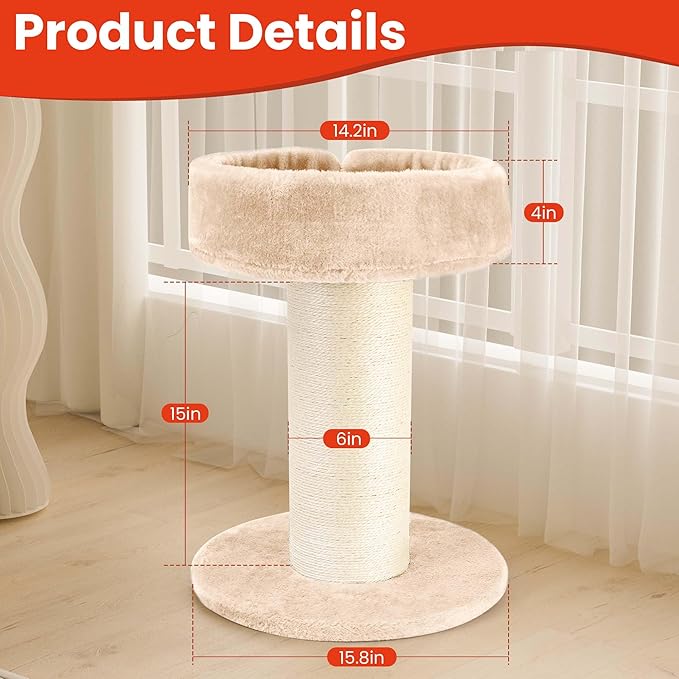 Cat Scratching Post for Large Cats, Tall Cat Scratcher for Indoor Cats with Super Thick Nature Sisal Scratching Post [Dia=6''], Removable Fluffy Cat Bed for Kitten & Adult Cats, Beige
