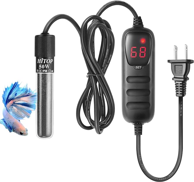 HITOP Mini Submersible Aquarium Heater - 50W Digital Heater for Fish Tank Turtle Tank 5-15 Gallon, Saltwater and Fresh Water with Temperature Controller (50W)