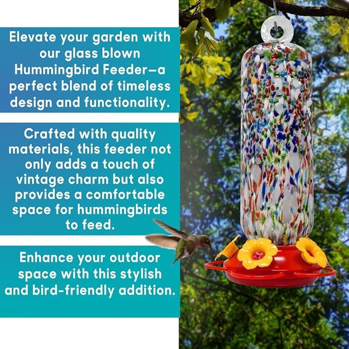 Superior Effect Hand Blown Glass Hummingbird Feeder, Flower Design 5 Bird Feeding Station, Garden Backyard Decorative, Containing Ant Moat Multicolor Easy Setup Bird Feeder, SE-0002