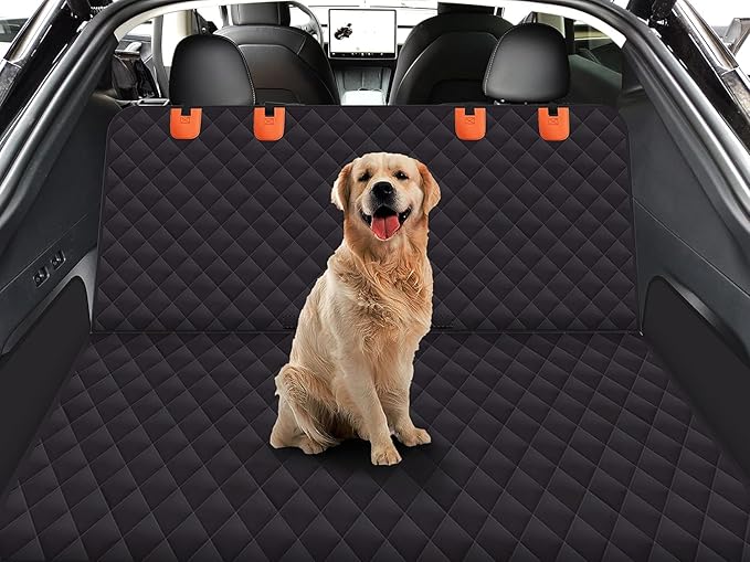 Dog Back Seat Cover Protector for Cars SUV and Trucks with Mesh Window, Scratchproof Nonslip and Waterproof Material Upgraded Version with Dog Leash(Black Orange)