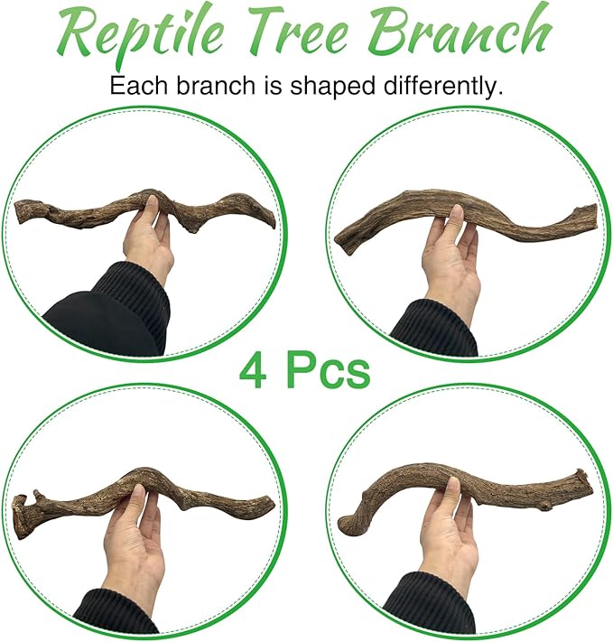 Reptile Climbing Branch Decor Wood Snake Terrarium Branches Lizard Habitat Decorations Wooden Tree Trunk Ornament for Bearded Dragon Geckos Chameleon Frog Pack of 4 (14-16 inch)