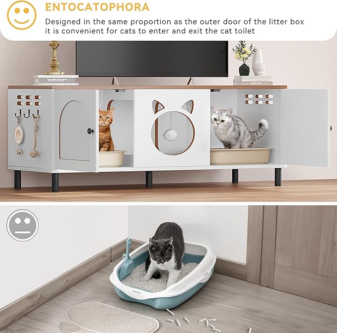 YITAHOME Cat Litter Box Enclosure for 2 Cats, Hidden Litter Box Furniture with Double Rooms, Scratching Pad, Pompom,Hanging Hooks, Wooden Cat House, 47.2" L x17.7 W x20.4 H, White and Rustic Brown