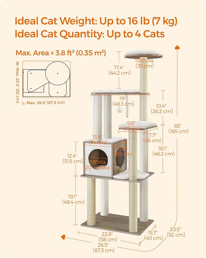 Feandrea WoodyWonders Cat Tree, 65-Inch Modern Cat Tower for Indoor Cats, Multi-Level Cat Condo with 5 Scratching Posts, Perch, Washable Removable Cushions, Cat Furniture, Greige UPCT166G01