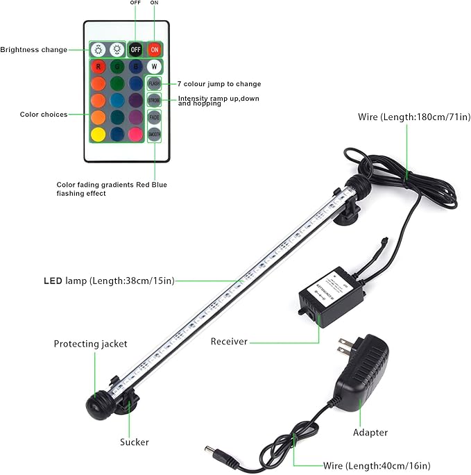 LED Aquarium Lights, RGB Fish Tank Lights Underwater IP68 Waterproof Submersible Remote Control Tank Lid Lights Colored Adjustable Fish Aquarium Tank Waterfall Lighting, 15 inch