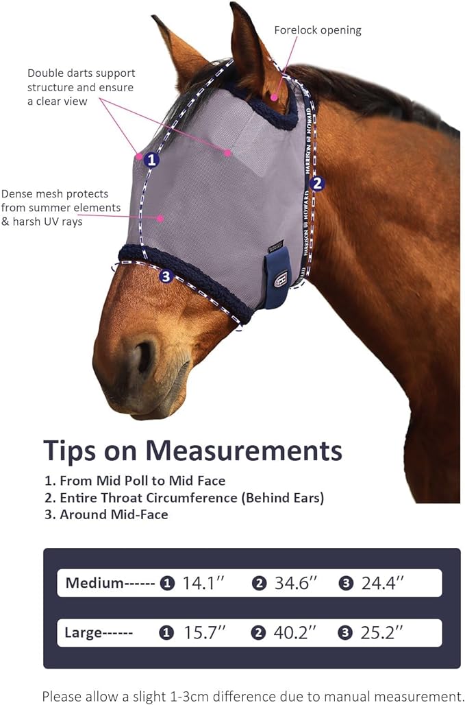 Harrison Howard All Round Mesh Horse Fly Mask UV Protective with Fleece Padded Edging Grey L