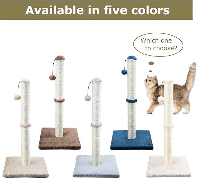 34" Tall Cat Scratching Post for Large Cats and Kittens, High Vertical Scratcher with Premium Natural Sisal Rope and Interactive Hanging Ball for Indoor Cats (Beige)