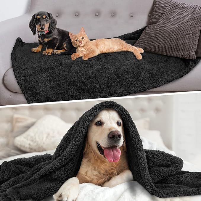 PetAmi Fluffy Waterproof Dog Blanket for Small Medium Dogs, Soft Warm Pet Sherpa Throw Pee Proof Couch Cover, Reversible Cat Puppy Bed Blanket Sofa Protector, Plush Washable Pad (Black, 24x32)