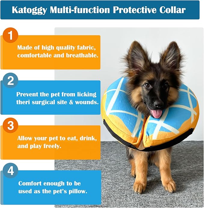 Katoggy Inflatable Dog Cone Collar for Dogs After Surgery, Soft Adjustable Blow up Donut Dog E-Collar for Small Medium Large Dog and Cats