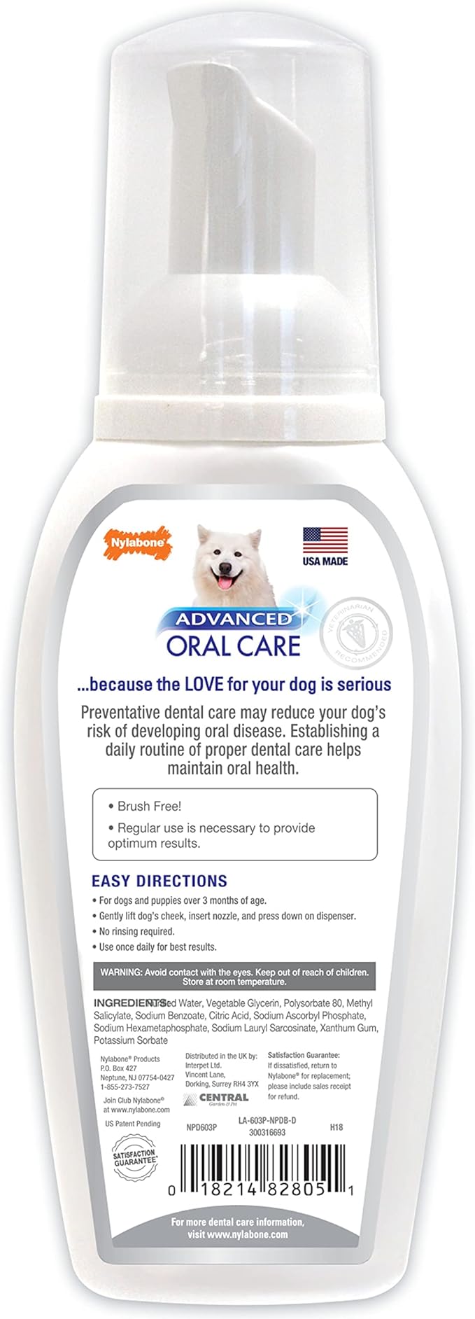 Nylabone Advanced Oral Care Foaming Dog Tartar Remover - Dog Breath Freshener & Teeth-Cleaning Foam (4 oz.)