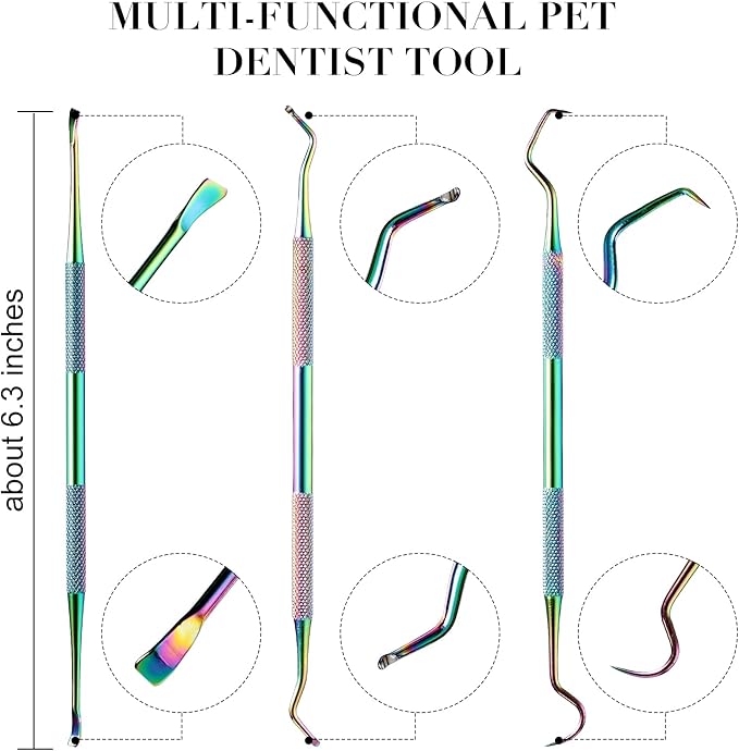 3 Pieces Dog Dental Tooth Scaler and Scraper Stainless Double Headed Tarter Removing Tool Scraper Pet Teeth Cleaning Tools for Dog and Cat (Rainbow Color)