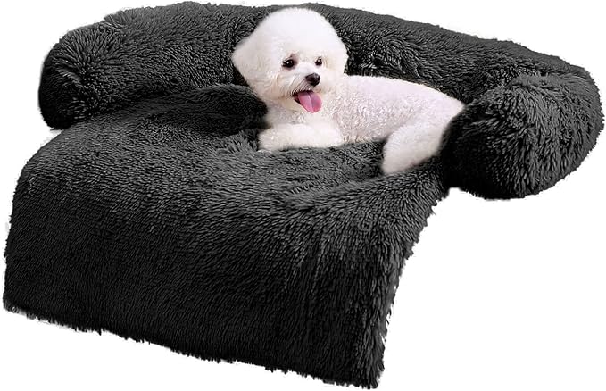 HACHIKITTY Calming Dog Sofa Bed Mat, Washable Plush Couch Cover for Dog, Furniture Protector Pet Sofa Mat for Dogs and Cats, Fluffy Dog Couch Bed with Anti-slip Bottom (30"x 27"x 6", Black)