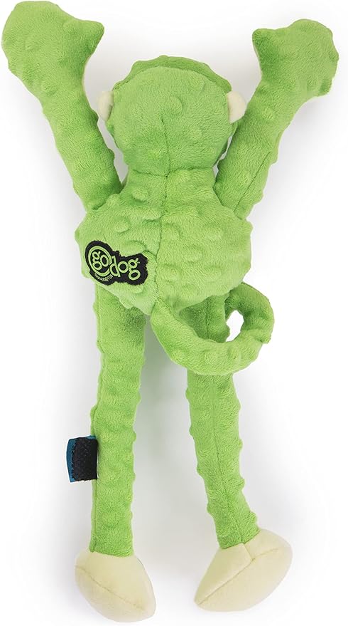 goDog Crazy Tugs Monkey Squeaky Plush Tug Dog Toy, Chew Guard Technology - Green Large