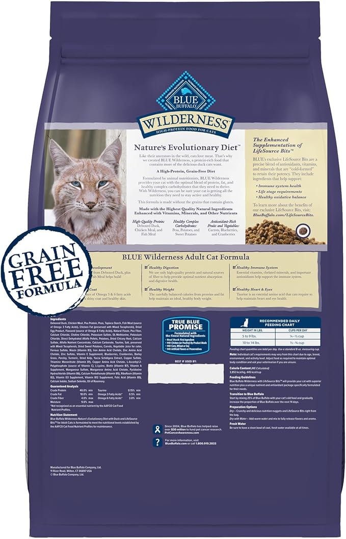 Blue Buffalo Wilderness Nature's Evolutionary Diet High-Protein, Grain-Free Natural Dry Food for Adult Cats, Chicken, 4-lb. Bag