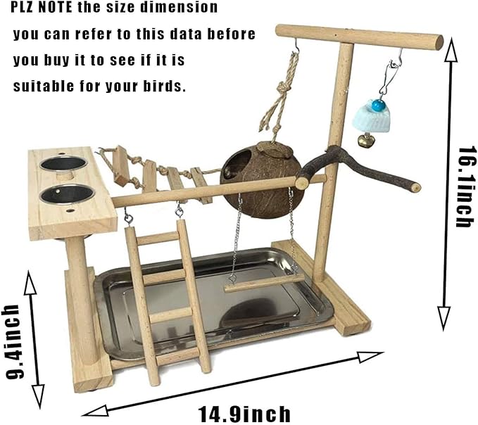 Parrots Playground Bird Play Stand Natural Wood Perch Gym Parakeet Nest Climb Swing Ladders with Feeder Cups Ladders Lovebirds Cage Accessories Toy Exercise Activity for Conure Cockatiel Lovebirds