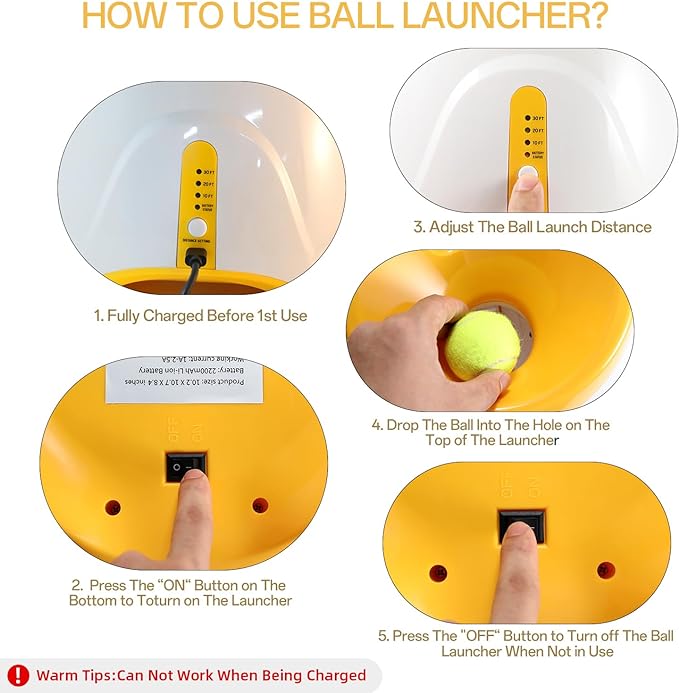 Automatic Dog Ball Launcher, with 12PCS Tennis Ball 3 Adjustable Distances Settings, Rechargeable Ball Launcher for Dogs,Interacive Dog Toys Thrower Machine Perfect for Small Dogs(Yellow)