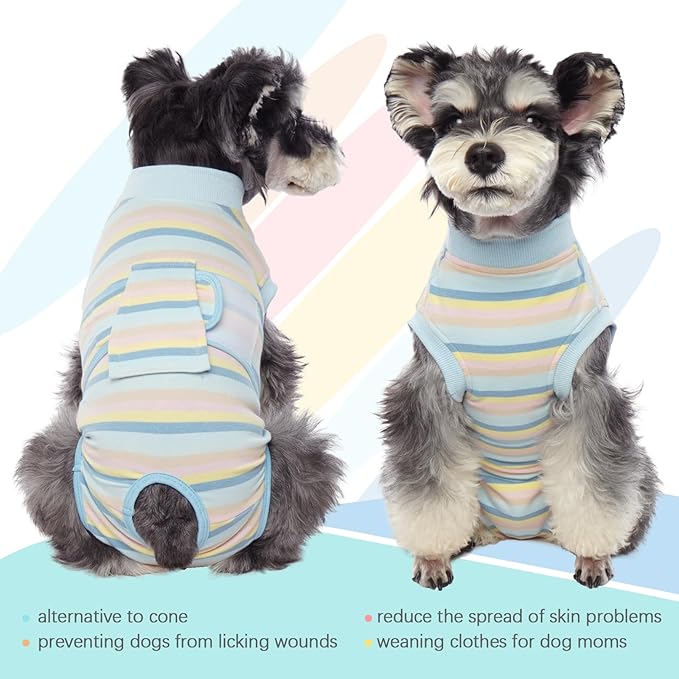 FUAMEY Recovery Suit for Dogs After Surgery,Soft Breathable Dog Bodysuit E-Collar & Cone Alternative Surgical Suit,Male Female Dog Neuter Spay Suits Anti Licking Wounds Onesie Blue Yellow Stripes XS