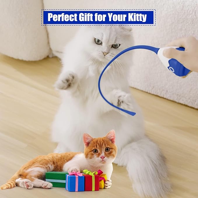 Cat Wand Toy, Automatic Silicone Tail Teaser Toy 2 in 1, Electronic Interactive Toy for Indoor Cats, Rechargeable Exercise Toy for Kitten-Navyblue