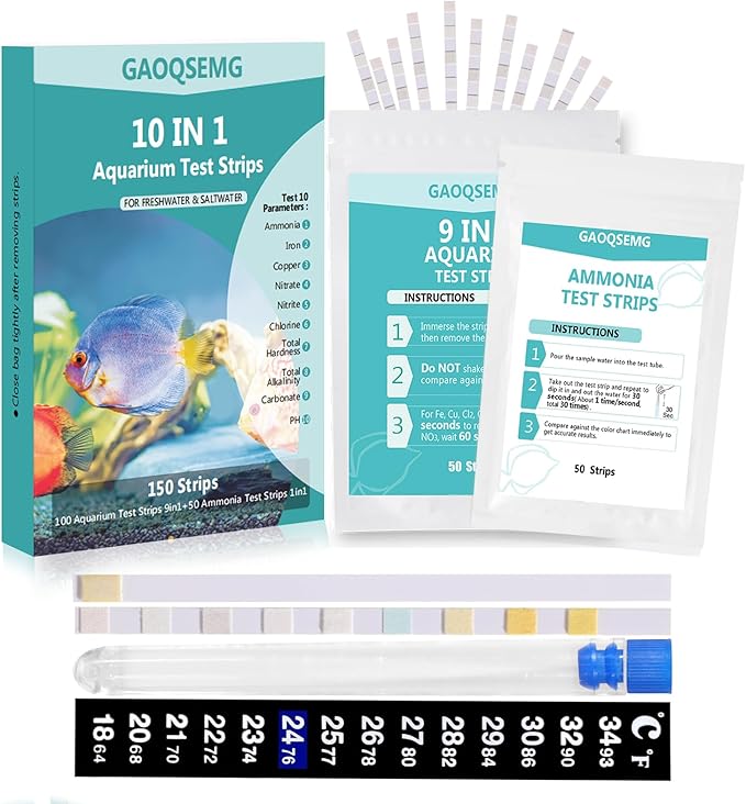 10 in 1 Ammonia Aquarium Water Test Kit,150 Strips Fish Tank Test Strips for Freshwater Saltwater Testing Ammonia,pH,Hardness,Nitrite,Nitrate,Chlorine,Copper and More