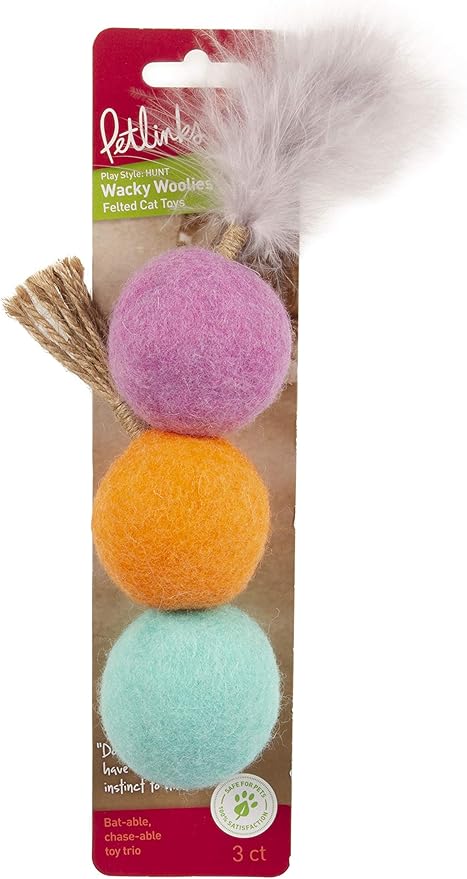 Petlinks (3 Count) Wacky Woolies Felt Ball Cat Toys - Pink/Orange/Blue, 3 Count