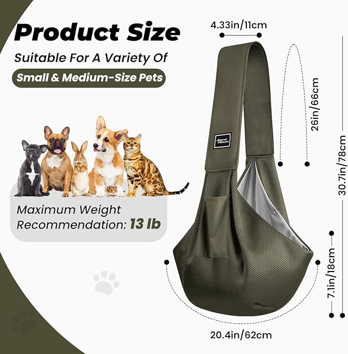 Dog Carrier Sling, Hand-Free Dog Sling Carrier for Small Dogs and Cats，Travel Safety Puppy Bag (ArmyGreen)