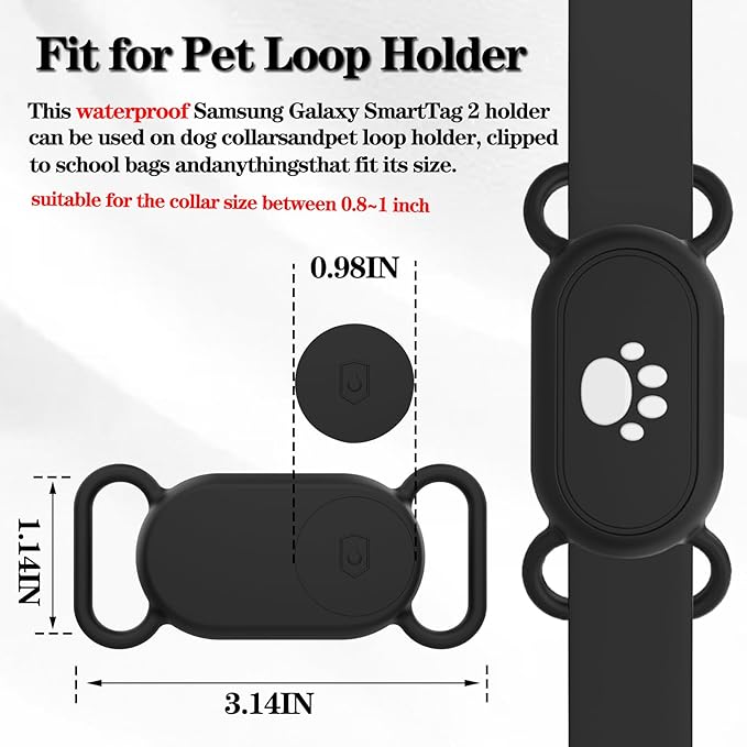 Waterproof Dog Collar Holder Compatible with Samsung Galaxy SmartTag2, Silicone GPS Tracker Hidden Loop Holder for Samsung Smart Tag2, Anti-Lost Dog Collar Samsung Tag2 Dog Paw Case(Black)