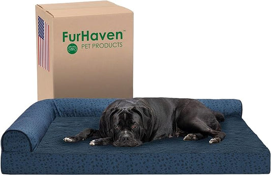 Furhaven Orthopedic Dog Bed for Large Dogs w/ Removable Bolsters & Washable Cover, For Dogs Up to 125 lbs - Plush & Almond Print L Shaped Chaise - Blue Almonds, Jumbo Plus/XXL