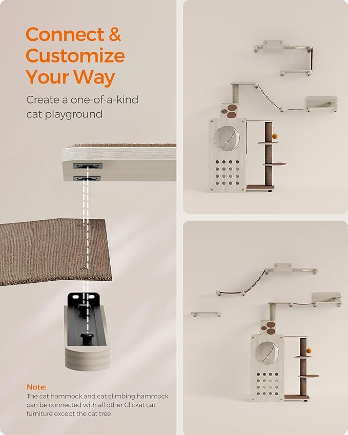 Feandrea Clickat Land - Cat Wall Furniture, Set of 7, Cat Tree, Cat Wall Shelves, Hammock, Stairs, Feeding Station, Extremely Quick Assembly, Unlimited Expandability, Replaceable Module and Parts