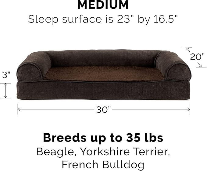 Furhaven Orthopedic Dog Bed for Medium/Small Dogs w/ Removable Bolsters & Washable Cover, For Dogs Up to 35 lbs - Sherpa & Chenille Sofa - Coffee, Medium