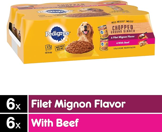 PEDIGREE CHOPPED GROUND DINNER Adult Canned Soft Wet Dog Food Variety Pack, Filet Mignon Flavor and With Beef, 13.2 oz. Cans (Pack of 12)