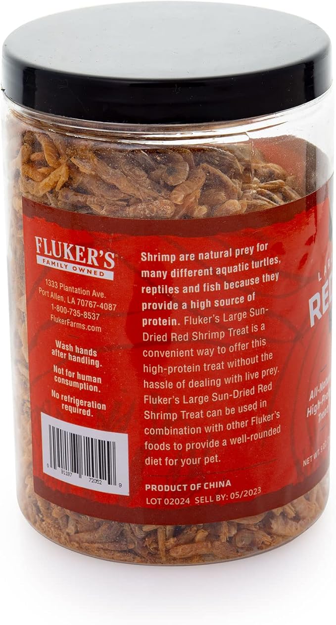 Fluker's All Natural Large Sun-Dried Red Shrimp, High Protein Treats, Aquatic Turtle Food, Great for Aquatic Frogs, Tegus, Monitors, and Tropical Fish, 5 oz