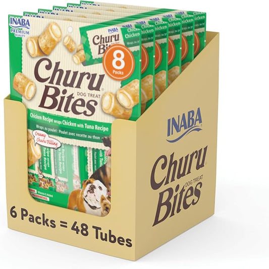 INABA Churu Bites for Dogs, Grain-Free, Soft/Chewy Baked Chicken Wrapped Churu Filled Dog Treats, 0.42 Ounces Each Tube | 48 Tubes Total (8 Tubes per Pack), Chicken with Tuna Recipe