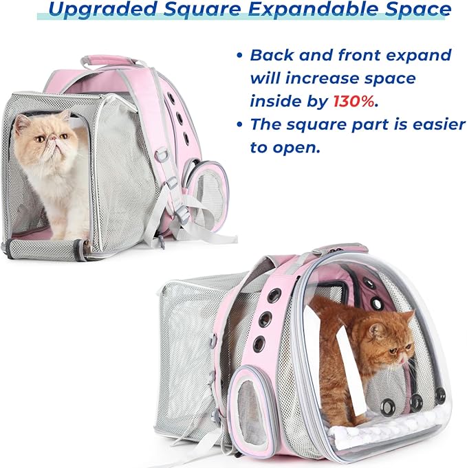 LOLLIMEOW Pet Carrier Backpack, Bubble Backpack Carrier, Cats and Puppies,Airline-Approved, Designed for Travel, Hiking, Walking & Outdoor Use (Dual Expandable-Pink)