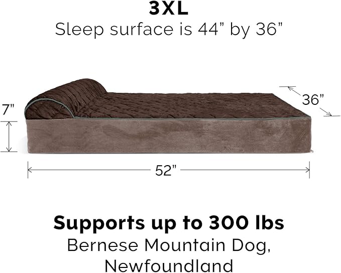 Furhaven Orthopedic Dog Bed for Extra Large Dogs w/ Bonus Water-Resistant Liner & Removable Washable Cover, For Dogs Up to 300 lbs - Goliath Quilted Faux Fur & Velvet Bolster Chaise - Espresso, 3XL