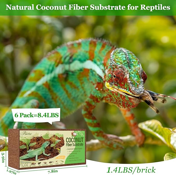 6 Pack Natural Coconut Fiber Substrate for Reptile- Premium Compressed Coconut Husk Terrarium Bedding for Reptile, Tortoise, Frogs, Snakes Hermit Crabs, Burrowing Animals