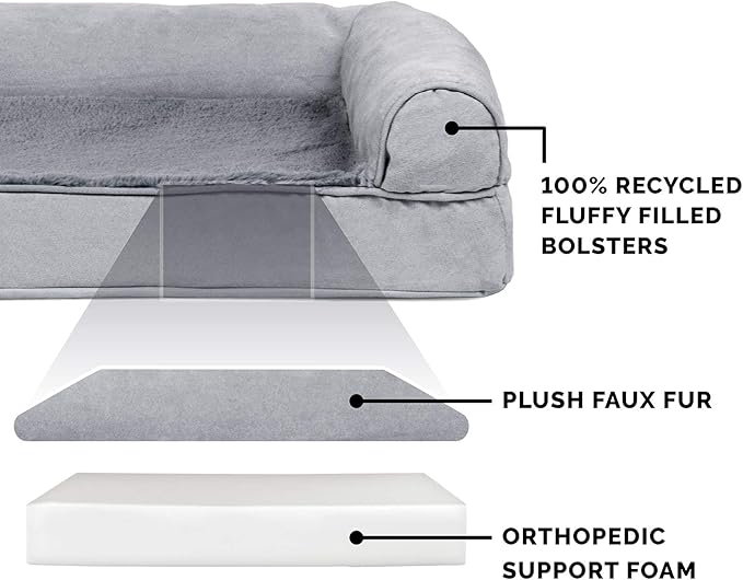 Furhaven Orthopedic Dog Bed for Large Dogs w/ Removable Bolsters & Washable Cover, For Dogs Up to 125 lbs - Plush & Suede Sofa - Gray, Jumbo Plus/XXL