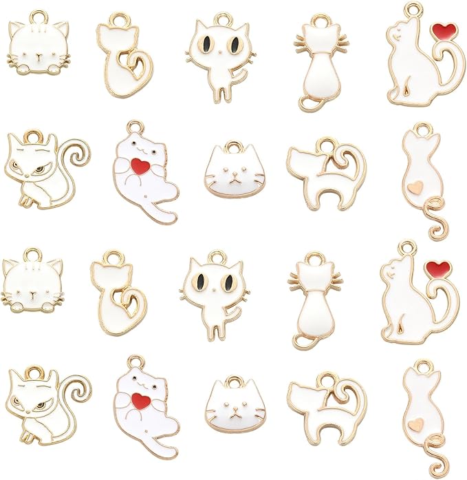 KitBeads 50pcs Enamel White Cat Charms Mixed Styles Cute Animal Charms Cartoon Kitten Charms for Jewelry Making Bracelets Bulk