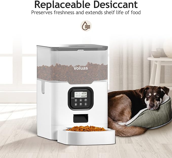 VOLUAS Automatic Cat Feeders - Dry Food Dispenser with Timer, Desiccant Bag, Programmable Portion Size Control 4 Meals Per Day, 10s Voice Recorder