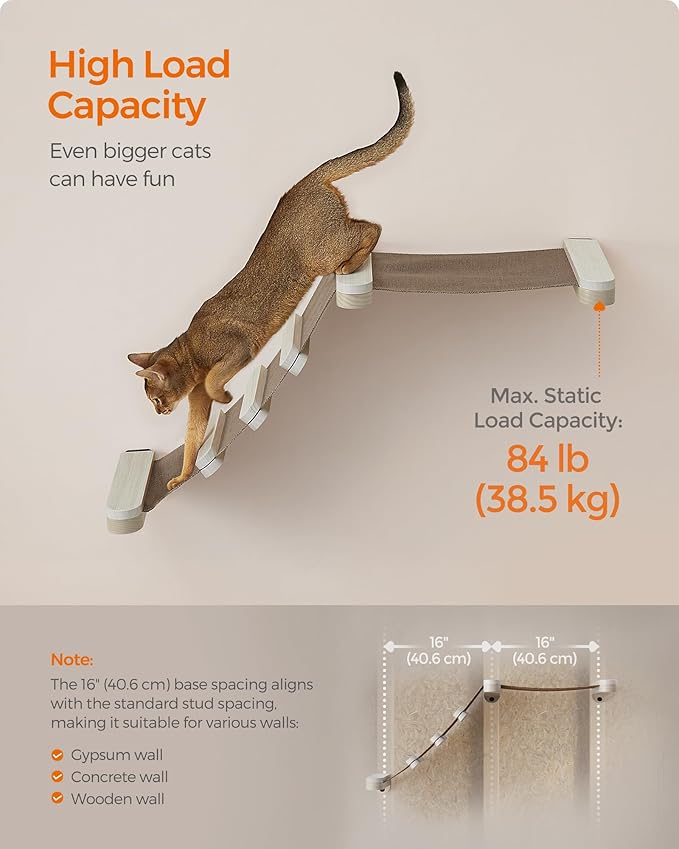 Feandrea Clickat Collection - No.002 Cat Climbing Hammock, Wall-Mounted Cat Bed with Stairs, Cat Wall Perch, Extremely Quick Assembly, Unlimited Expandability, Replaceable Washable Fabric