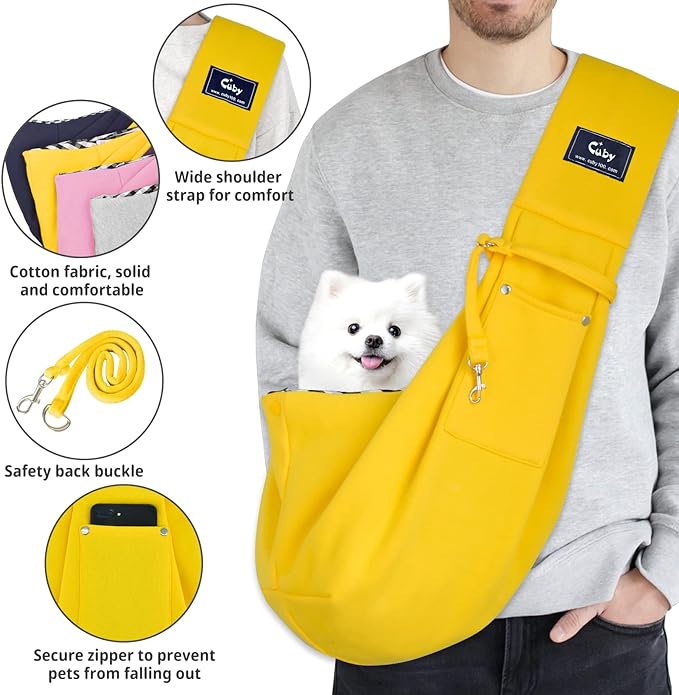 CUBY Dog and Cat Sling Carrier - Hands Free Reversible Pet Papoose Bag - Soft Pouch and Tote Design - Suitable for Puppy, Small Dogs Cats Outdoor (Yellow, Unadjustable strap)