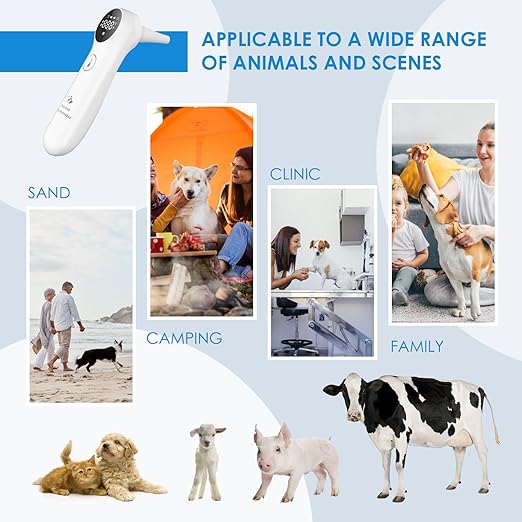 Pet Ear Thermometer for Dogs, Cats, and Livestock, Long Probe Designed, ℃/ ℉ Convert and Sound Switch Dedicated Button, 1 Second Measurement, 20 pcs Pet Swabs Included