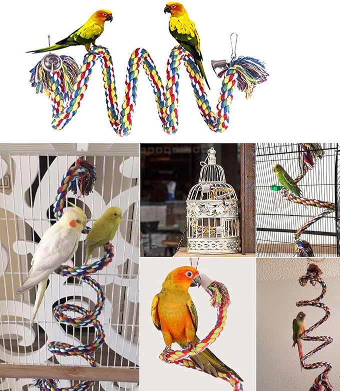 GINXIA Parrot Rope Perch Cotton Rope Bird Perch with Bell Climbing Stand Bar Bird Bungee Toy Parrot Chew Toys (43")