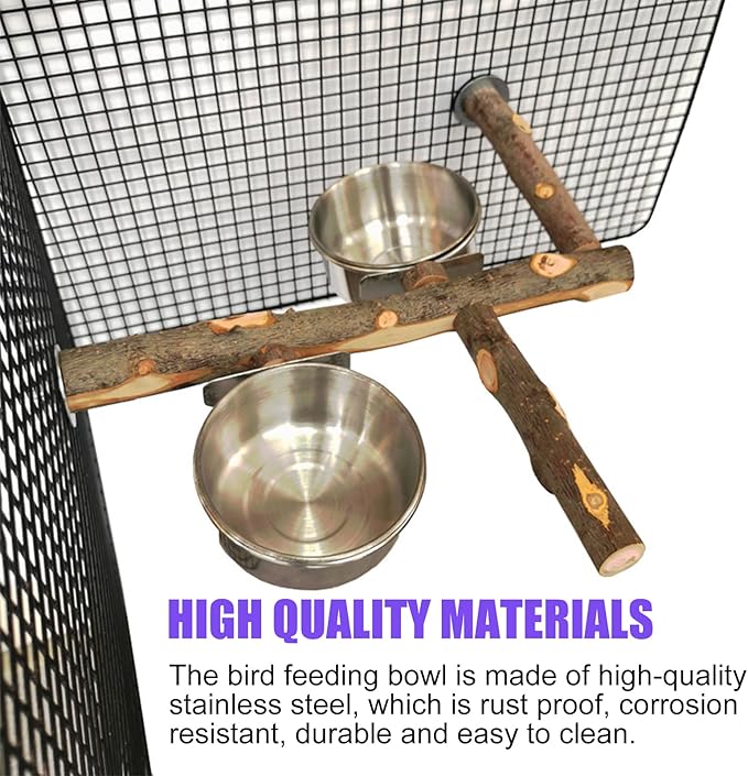 Bird Feeding Dish Cups, Hanging Stainless Steel Parakeet Feeder, Bird Feeder for Cage & Watering Supplies with Natural Wood Perch Platform for Parakeet Cockatiels Conure Budgies Lovebird Finch