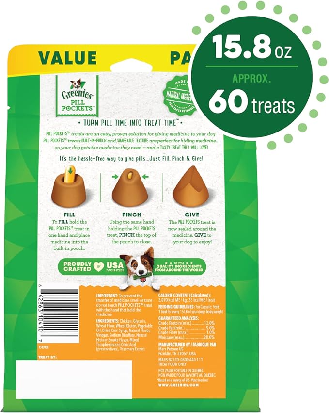 Greenies Pill Pockets for Dogs Capsule Size Natural Soft Dog Treats Chicken Flavor, 15.8 oz. Pack (60 Treats)