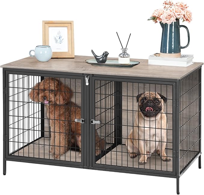 Dog Crate Furniture for 2 Dogs, 43.3" Dog Kennel with Removable Divider, Heavy Duty Wooden Dog Kennel for Small Medium Dog, Indoor Dog Cage End Table with Double Rooms, Greige DCHG1201