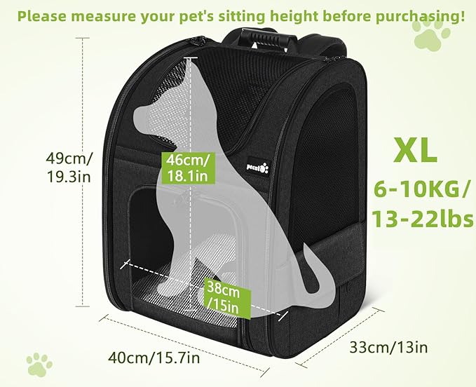 Pecute Pet Carrier Backpack, Large Cat Carrier Backpack, Expandable cat Backpack with Breathable Mesh for Medium Dogs Cats, or 2 Small Pets, Dog Backpack Carrier for Travel Hiking, Black