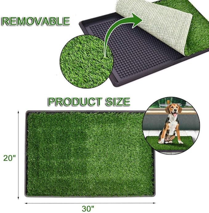 Dog Potty Tray Indoor Outdoor Washable Pee Pad for Dogs, 3 Layered System Dog Litter Box for Puppy Training (30 x 20 Grass with Tray)