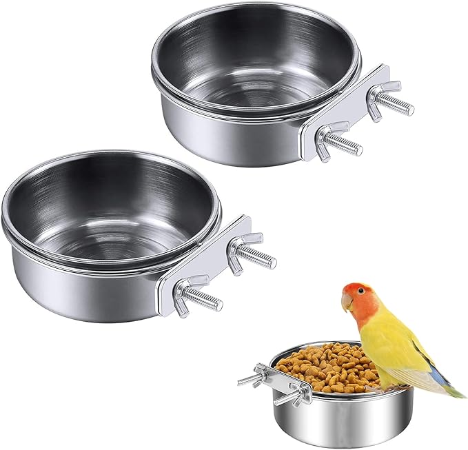 2 Packs Stainless Steel Bird Bowls with Clamp Holder, Bird Feeding Dish Cups Parrot Food Bowl Cage Small Pet Hanging Food Water Bowl for Parakeet Cat Rabbit Cockatiel Lovebirds Small Animal